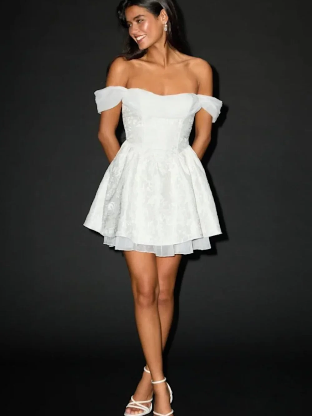 Lulus Kalara White Jacquard Off-the-shoulder Mini Dress - Size L - Picture 4 of 4